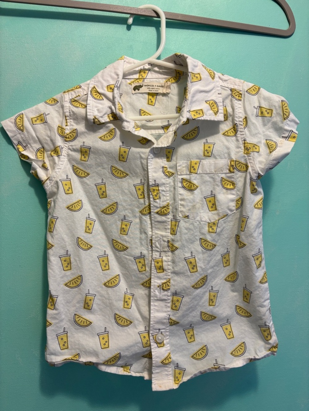 Kids White Button-Up Shirt with Yellow Lemon & Drink Print